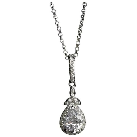 NEW Sterling silver teardrop cz Halo pendant necklace - Picture 1 of 6